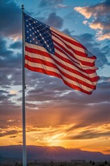 american flag waving against a sunset backdrop, created with generative ai