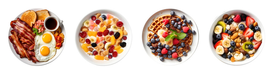 Set of top view tasty delicious breakfast food in plate, American Breakfast fried eggs, roasted bacon, pancakes, toasts and coffee cup, Cereal with milk and mix fruits, Waffles granola, ai generate - obrazy, fototapety, plakaty