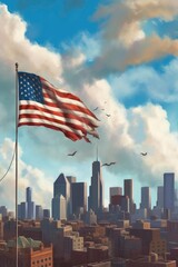 american flag flying high over a city skyline, created with generative ai