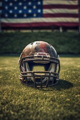 american football helmet on playing field, created with generative ai
