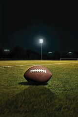 close-up of a football on a grassy field with stadium lights, created with generative ai