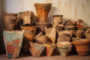 weathered pottery fragments in a museum, created with generative ai