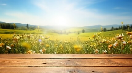 An illustration of spring-summer beautiful background with green, juicy young grass and an empty wooden table in the outdoor nature with blue sky and sun. Created with Generative AI technology - obrazy, fototapety, plakaty