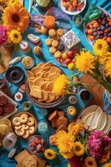 Obraz na płótnie Canvas overhead view of birthday table filled with treats and gifts, created with generative ai