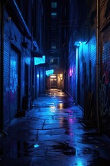 Fototapeta na wymiar blue neon lights illuminating dark alley, created with generative ai