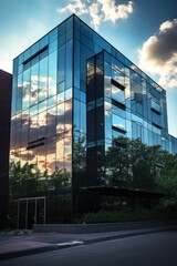 Obraz premium modern office building with glass windows reflecting sunlight, created with generative ai