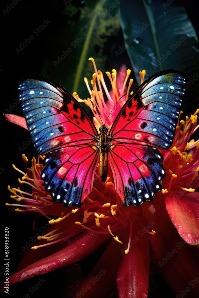 Wall mural close-up of a butterfly on a vibrant flower, created with generative ai