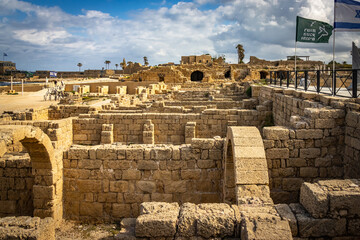 ruins of the ancient roman theatre, caesarea, israel, roman landmark, herod, historical, middle east, mediterranean sea, beach