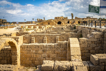 ruins of the ancient roman theatre, caesarea, israel, roman landmark, herod, historical, middle east, mediterranean sea, beach