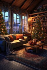 cozy christmas living room scene with tree and lights, created with generative ai