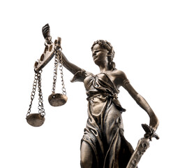 Statue of Lady Justice isolated on white, low angle view. Symbol of fair treatment under law © New Africa