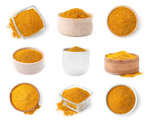 Collage with curry powder in bowls isolated on white - obrazy, fototapety, plakaty