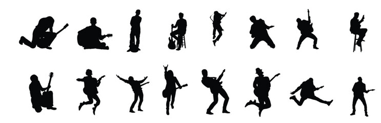 Set of silhouettes of people playing guitar - obrazy, fototapety, plakaty