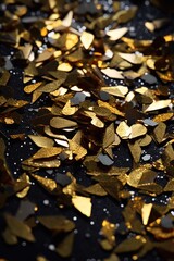 macro shot of golden confetti shimmering on black, created with generative ai