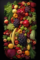 diversity in fruits and vegetables arranged artistically, created with generative ai