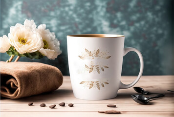 Fototapeta na wymiar a coffee mug sitting on top of a wooden table next to a towel and a flower vase with a white flower in the middle of the mug and a brown towel next to it on a wooden table.