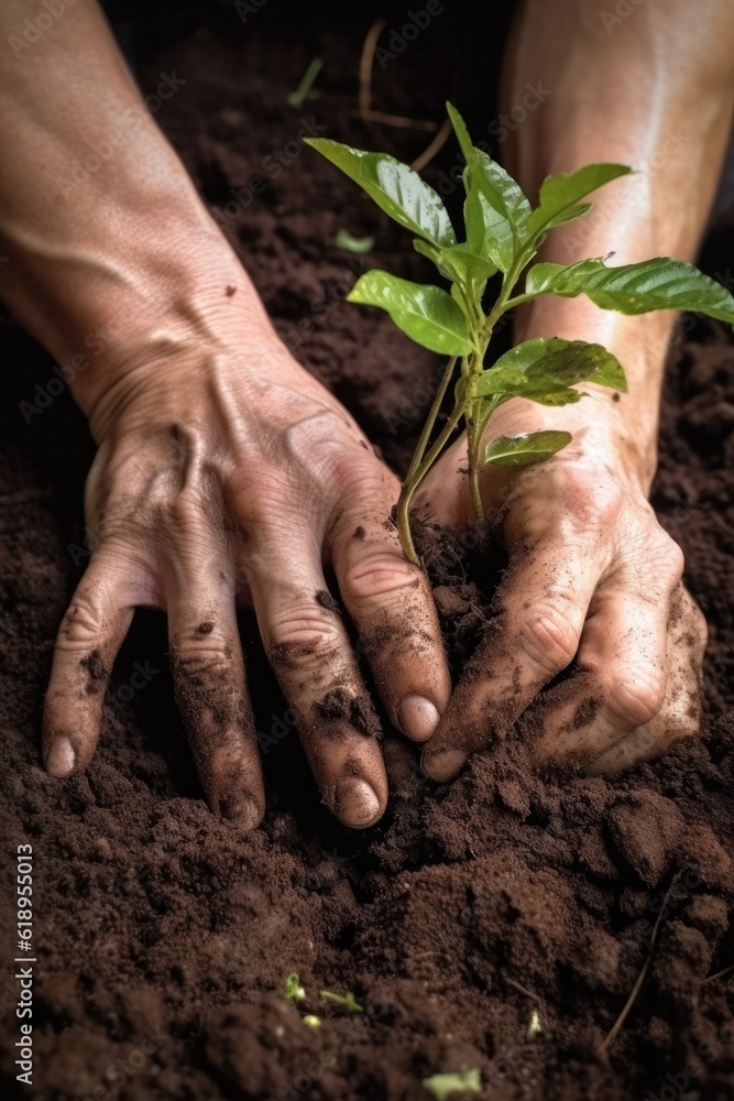 Sticker close-up of hands planting a sapling in soil, created with generative ai