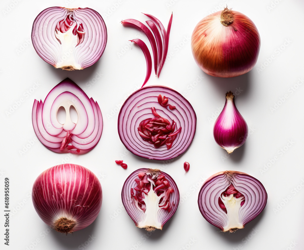 Poster a white plate topped with red onions next to a knife and a onion slice on top of a white tablecloth 