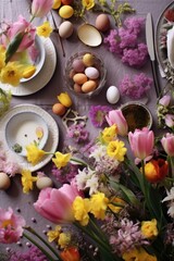 Obraz na płótnie Canvas flatlay of easter brunch table setting with spring flowers, created with generative ai