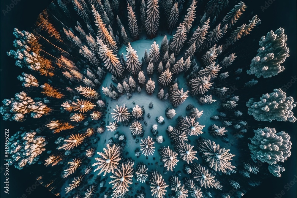 Poster an aerial view of snow covered trees in a forest with a blue sky in the background and a black frame