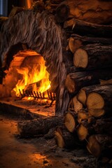 flames engulfing a log in a cozy fireplace, created with generative ai