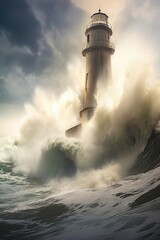 Fototapeta na wymiar dramatic waves crashing against a lighthouse, created with generative ai