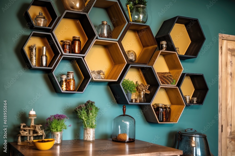 Canvas Prints hexagonal beehive shelves on a wall, created with generative ai