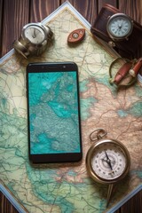 smartphone with travel app, map and compass on table, created with generative ai