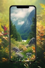 phone with nature background on screen blending outdoors, created with generative ai