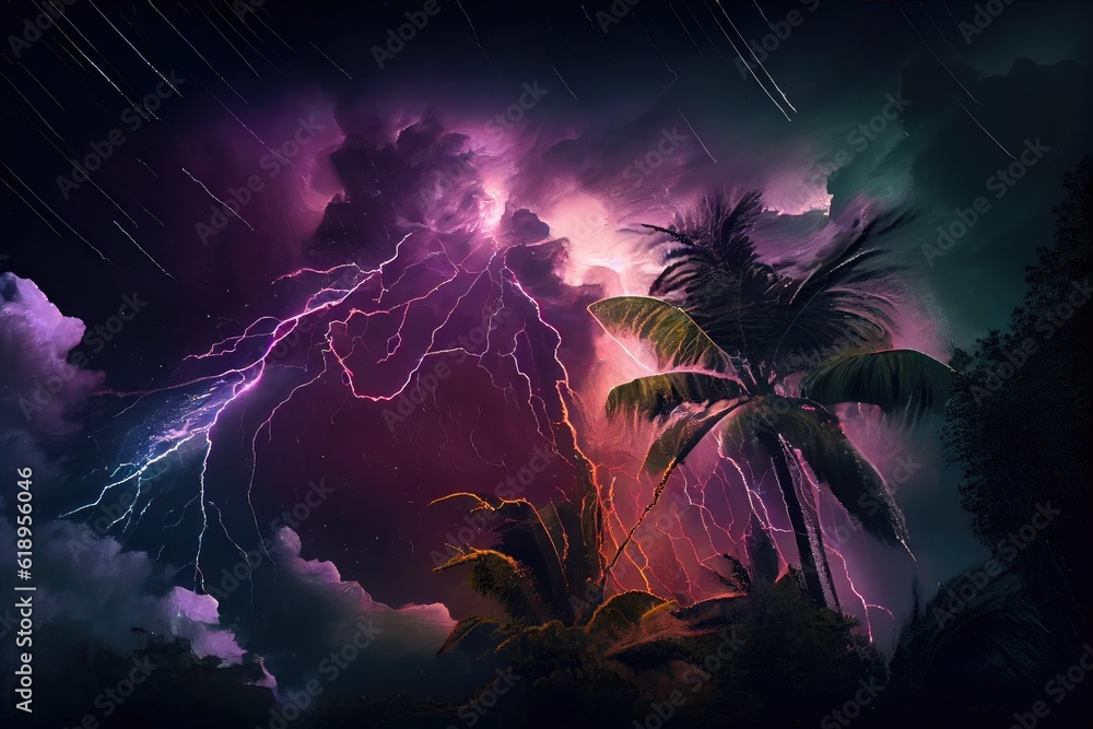 Wall mural tropical cyclone with torrential rain and thunderstorms in the night sky, created with generative ai