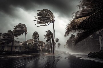 tropical cyclone with powerful winds and rain, bringing destruction to coastal city, created with generative ai - obrazy, fototapety, plakaty