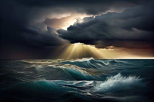 storm rolling over calm ocean, with sun shining, created with generative ai