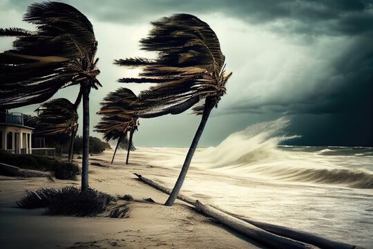 storm surge rolling over beach and onto shore, with palm trees bent in the wind, created with generative ai