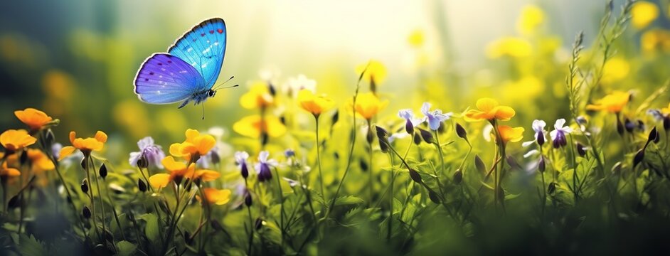 An Illustration Of Small Wild Purple Flowers In The Grass With Butterflies Soaring In Nature's Rays Of Sunlight, Captured In Close-up. A Spring-summer Natural Landscape