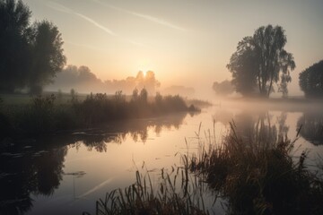 Fototapeta premium rural landscape with misty morning sunrise, featuring a peaceful lake, created with generative ai
