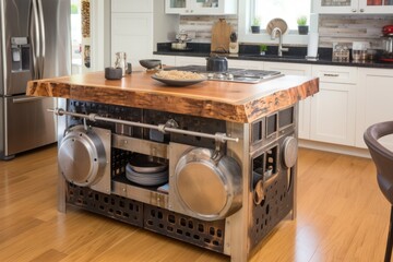 a kitchen island with upcycled wooden slabs and metal accents, created with generative ai