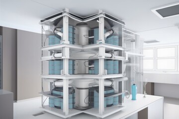 hierarchical ventilation system, with multiple levels of filtration, in hospital, created with generative ai