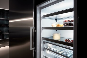 close-up of the sleek exterior of a walk-in refrigerator, with a view inside, created with generative ai