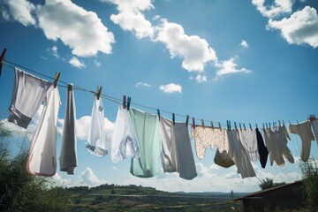 freshly washed clothes hanging on line, with clear blue sky and fluffy clouds in the background, created with generative ai