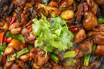 Special Sichuan cuisine griddle chicken on dark background