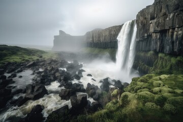 Fototapeta premium majestic waterfall with cascading water and mist in the distance, created with generative ai