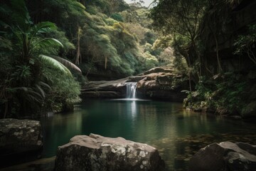 majestic waterfall cascading into natural pool, surrounded by lush greenery, created with generative ai
