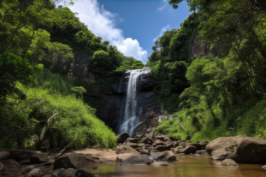 waterfall surrounded by lush greenery, with glimpse of blue sky, created with generative ai