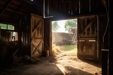 Fototapeta na wymiar light shining through the open barn doors, illuminating a beautiful rustic scene, created with generative ai