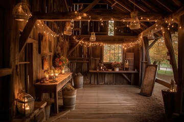 Fototapeta na wymiar rustic barn with lanterns and twinkle lights for magical setting, created with generative ai