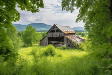 rustic barn, surrounded by lush greenery and wildlife, with view of distant mountain range in the background, created with generative ai