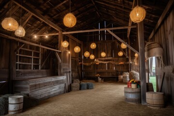 rustic barn with bales of hay and hanging lanterns, created with generative ai