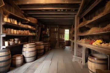 Obraz na płótnie Canvas rustic barn with stocked shelves and wooden barrels for storing food, created with generative ai
