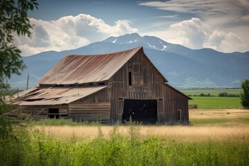 Fototapeta na wymiar rustic barn with mountain vista in the background, created with generative ai