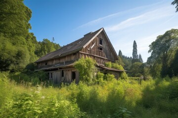 Fototapeta na wymiar rustic barn surrounded by lush greenery and clear blue sky, created with generative ai